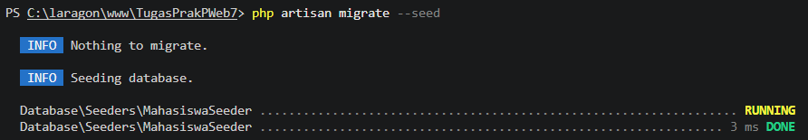 Output php artisan migrate --seed